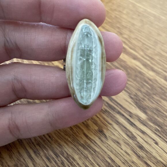 White Tan Oblong Chunky Boho Handmade Artisan Ceramic Glass‎ Ring Adjustable - Picture 4 of 7